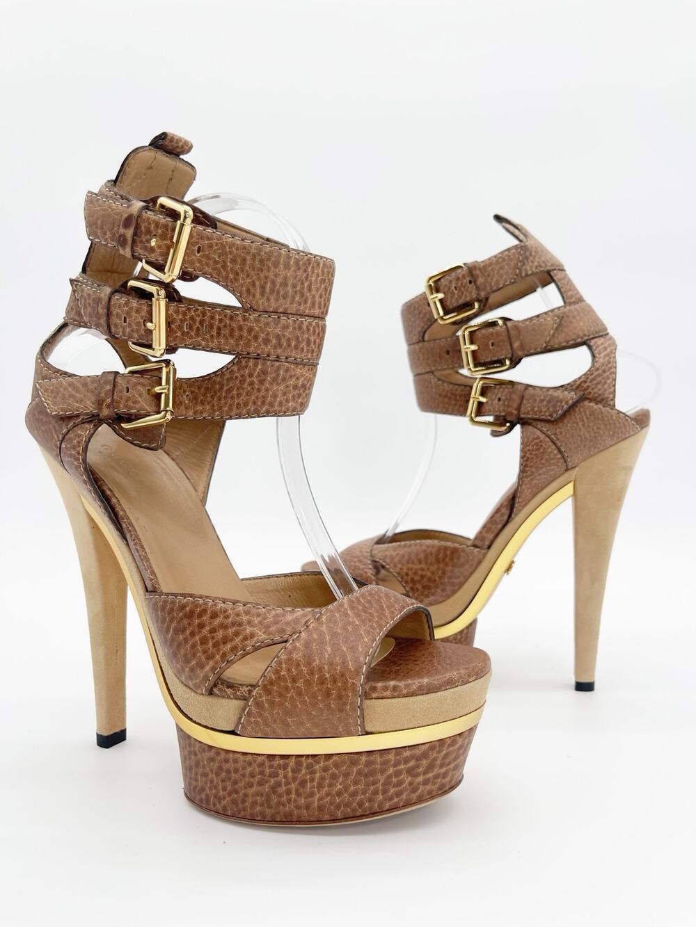 Gucci Iman 2009 Runway Embossed Leather Platform Ankle Strap Sandals IT 37.5